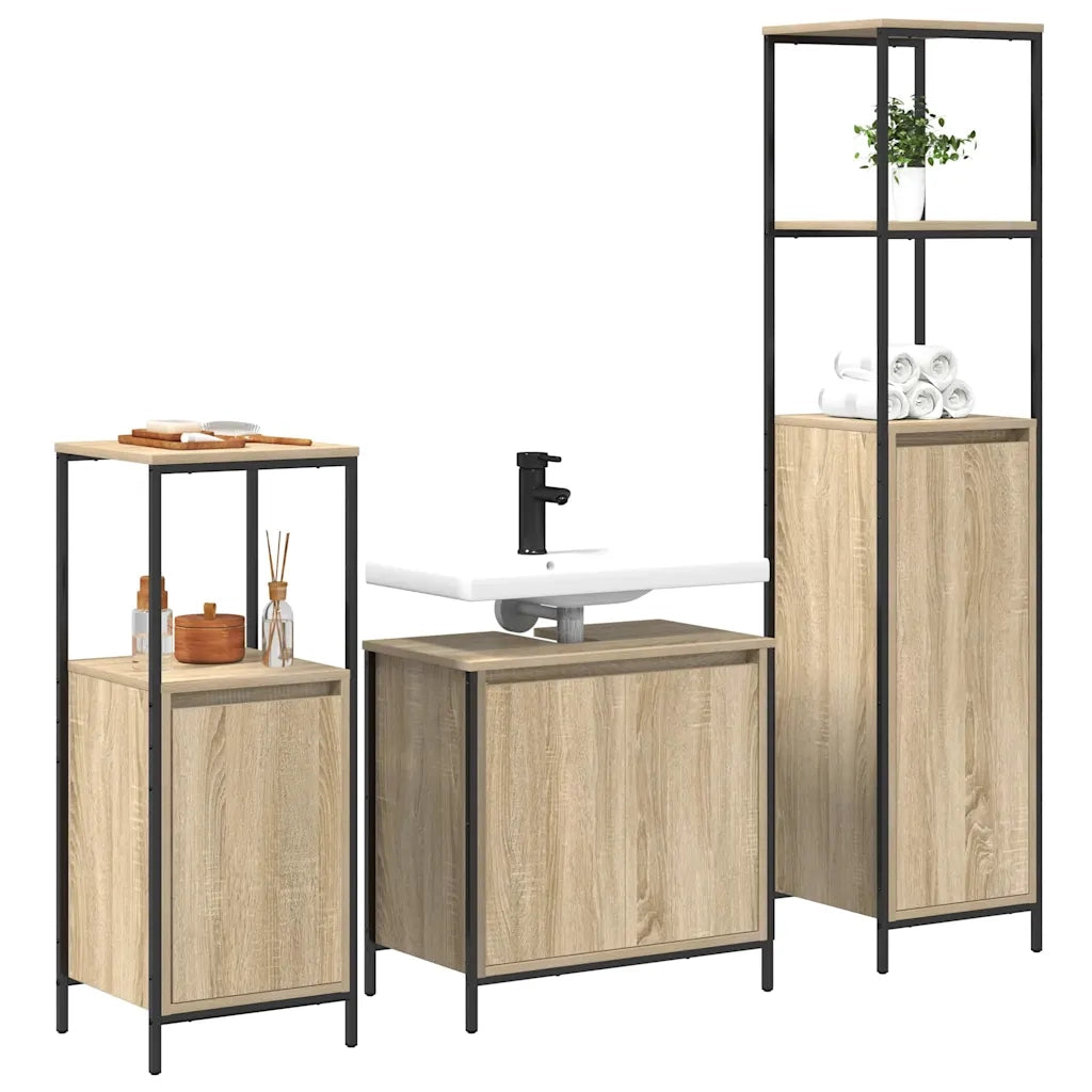 Set di mobili per il Bagno | Armadio da bagno con porta 3 pz Rovere Sonoma e Nero