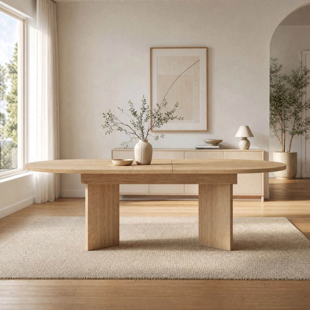 Tavolo da pranzo allungabile 4-8 persone, piano 18 mm, angoli arrotondati, colore rovere