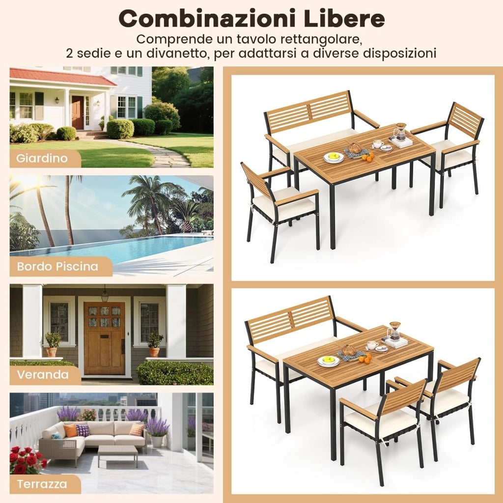 Set Pranzo da Giardino, Tavolo da Pranzo con 2 Sedie e Panca, Mobili da Esterno Ergonomiche Legno di Acacia con Foro per Ombrellone e Comodi Cuscini, per Bordo Piscina, Terrazza