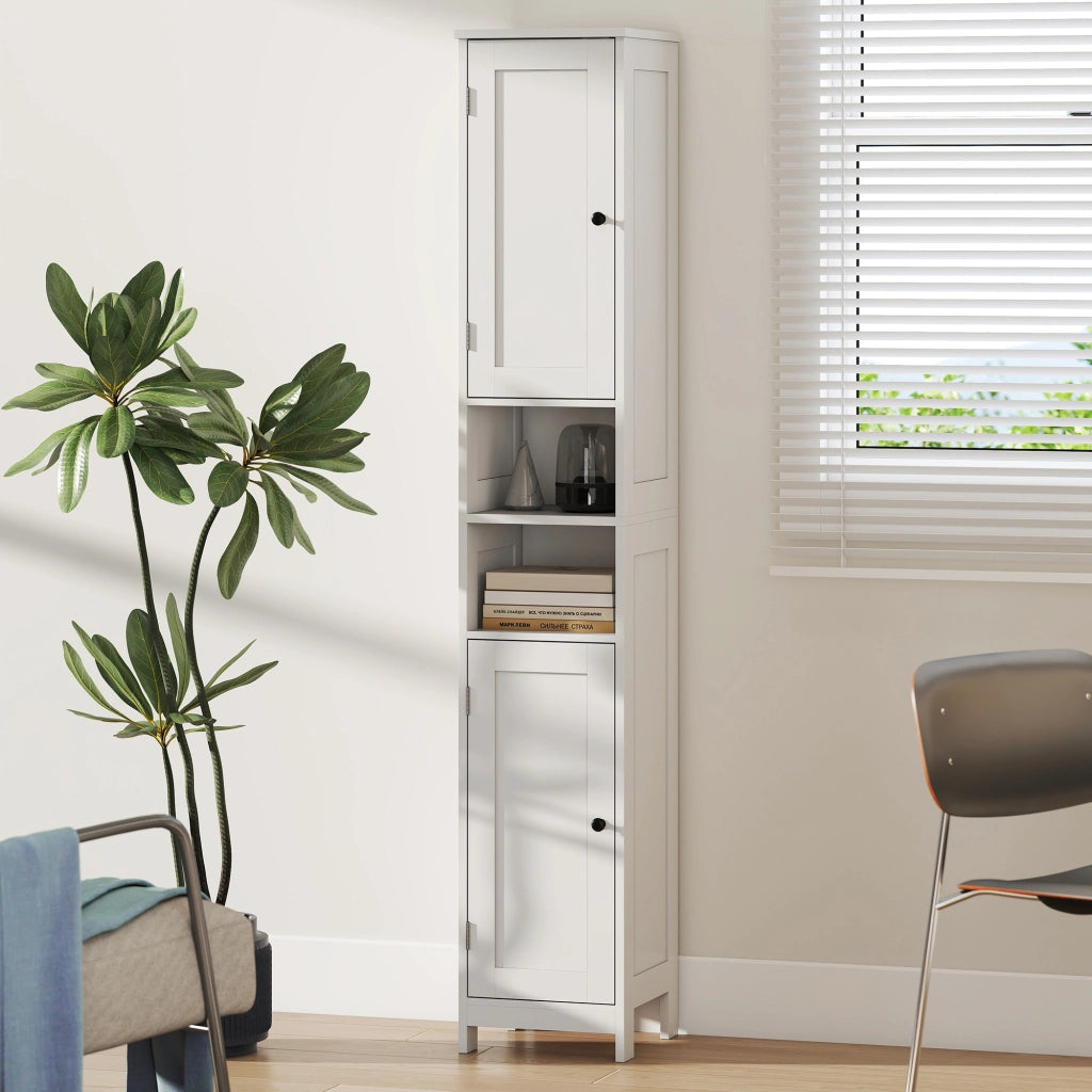 Mobile Alto a Colonna Bagno 30x30x170 cm con 2 Ripiani Aperti e 2 Armadietti in Legno Bianco