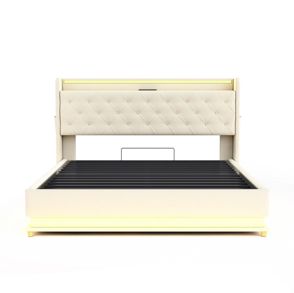 Letto matrimoniale imbottito LED 160x200 cm con porta USB e contenitore idraulico; beige