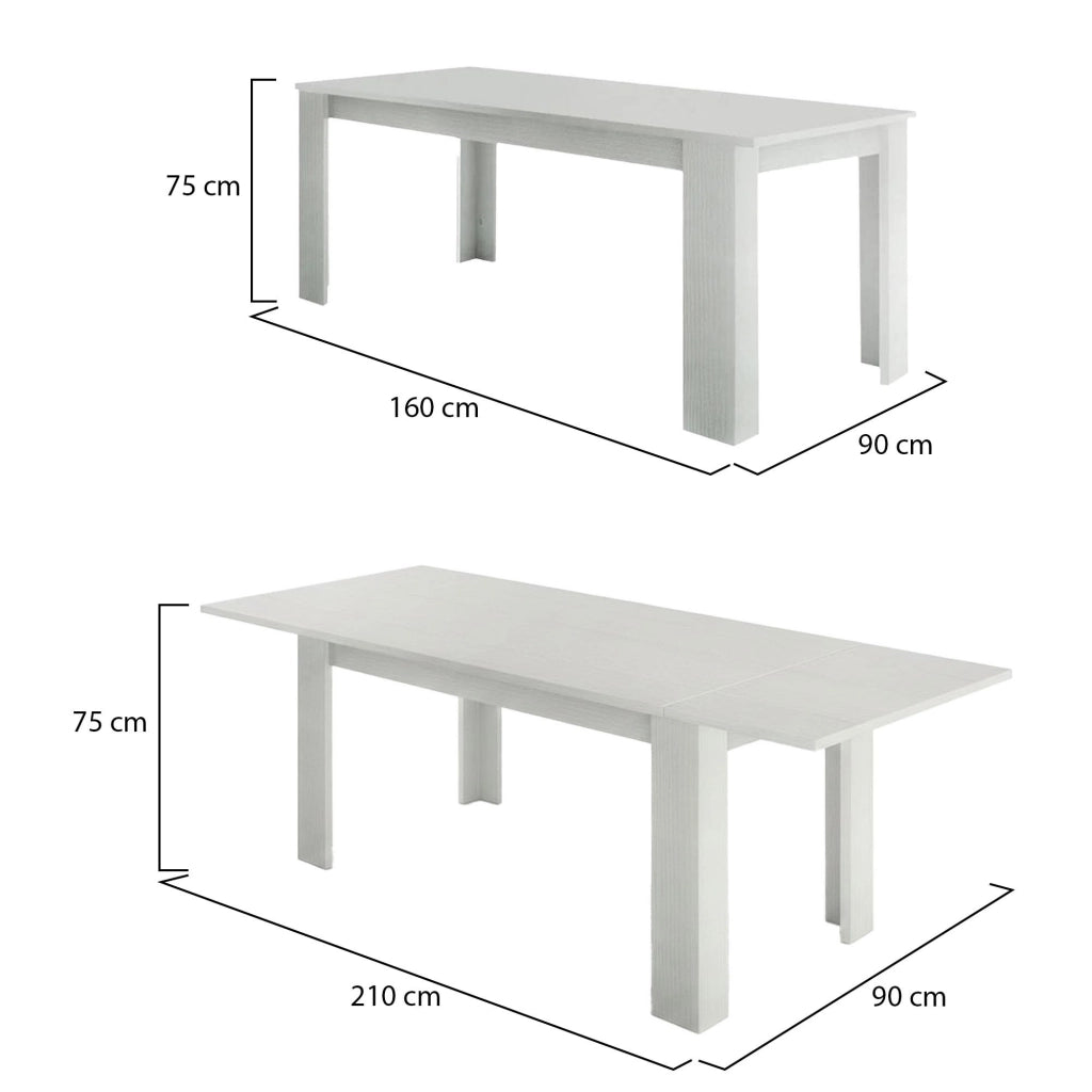 Tavolo per sala da pranzo Agenore, Made in Italy, Tavolo moderno con allunghe, Consolle allungabile, cm 160/210x90h75, Bianco lucido Larice