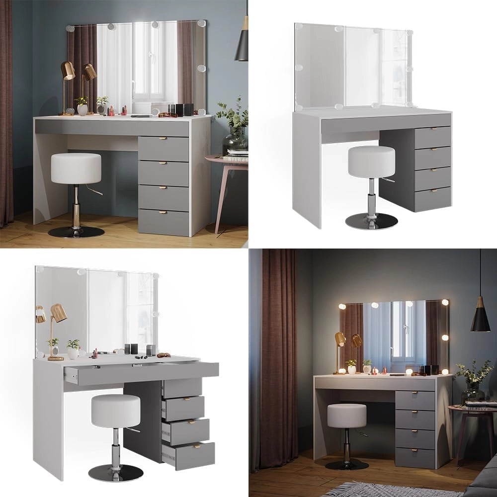 Tavolo da toeletta Elise, Bianco/grigio/grigio, 115 cm con illuminazione LED e sgabello, con illuminazione LED e sgabello girevole regolabile in altezza