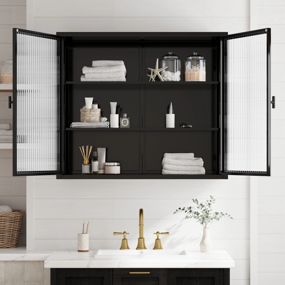 Mobile da ingresso a muro ¨C Minimal ¨C Bianco e nero, vetro trasparente, 3 ripiani, 70 cm, salvaspazio