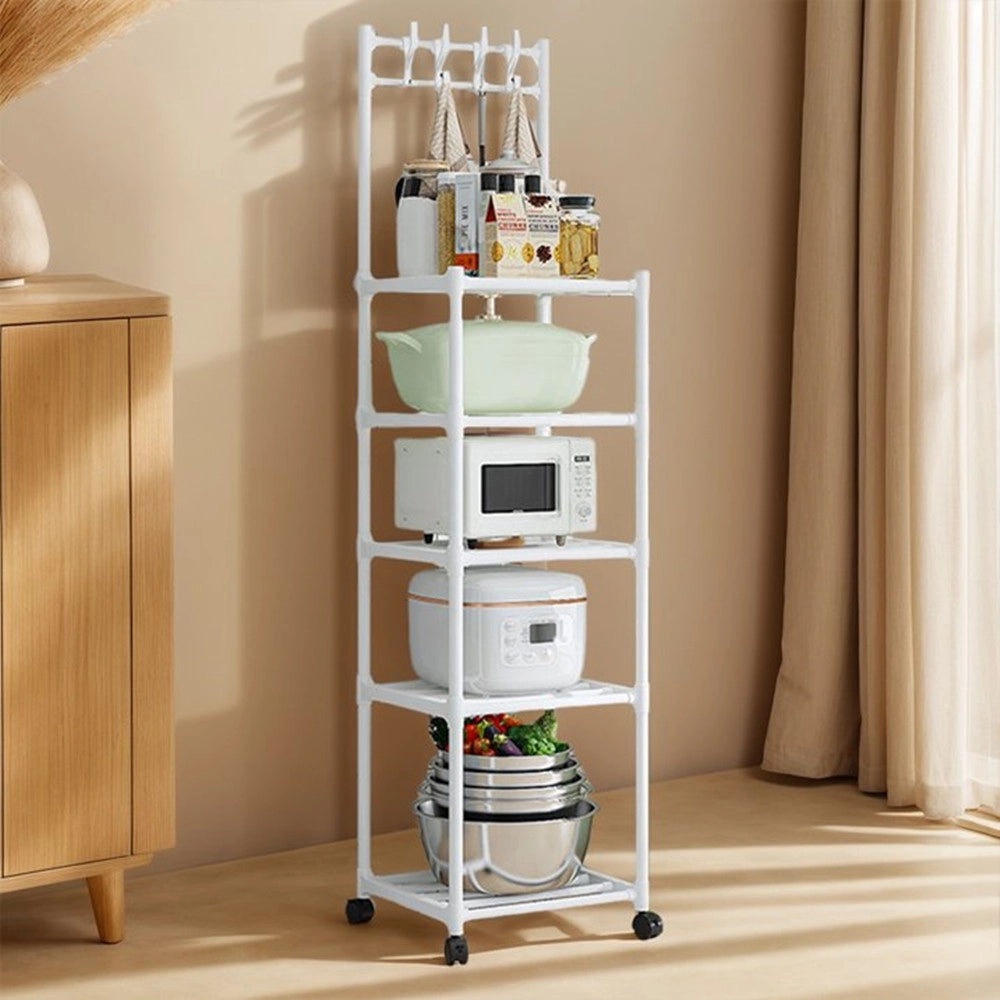 Trade Shop - Carrello Scaffale Portaoggetti Multiuso Da Cucina Bagno 5 Ripiani Con Ruote Ganci Bianco -