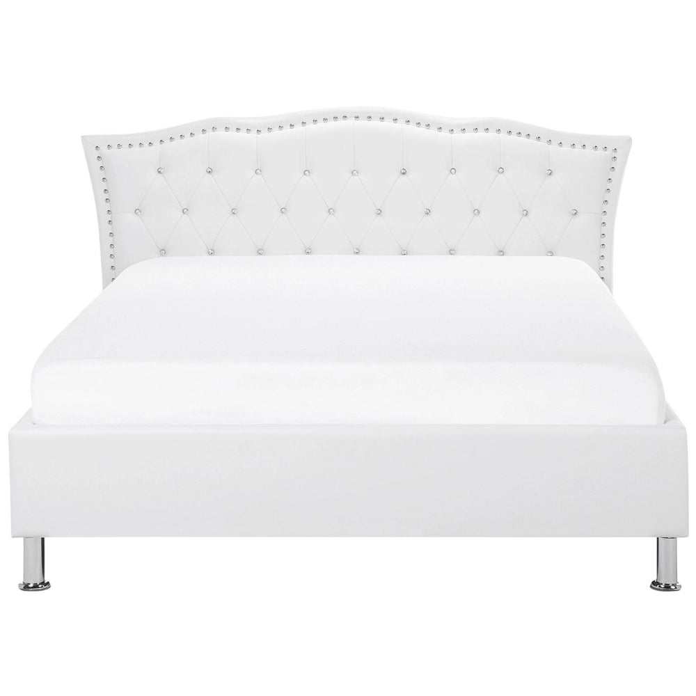 Letto matrimoniale in ecopelle bianca 140 cm 6 struttura imbottita con bottoncini in cristallo con finiture imbottite