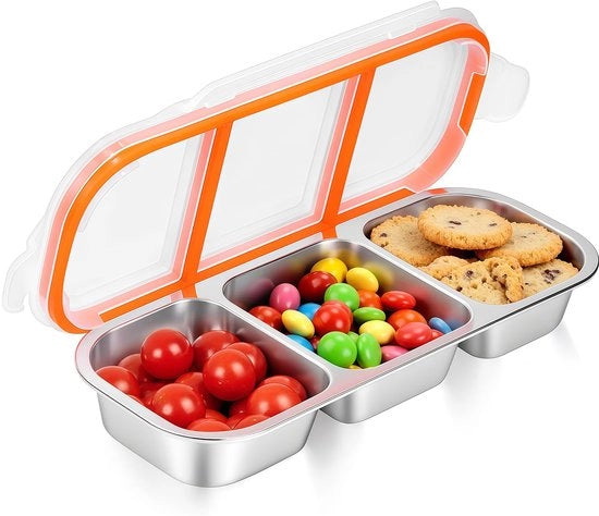 Contenitore snack in acciaio inossidabile Shimmerz, cassetta riutilizzabile 3 celle con coperchio per bambini e adulti, contenitore pratico per snack con divisione, contenitore per conservare salse.