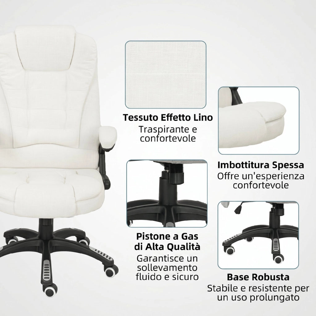 Sedia da Ufficio 68x72x110-120 cm Reclinabile Massaggiante Telecomando in Tessuto Effetto Lino Crema