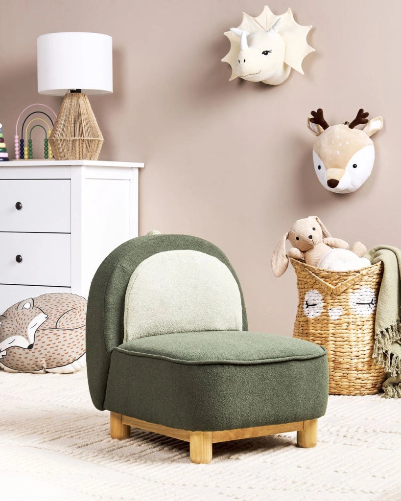 Sedia per animali tessuto in poliestere verde scuro Sedile senza braccioli per cameretta per bambini Design moderno Dinosauro