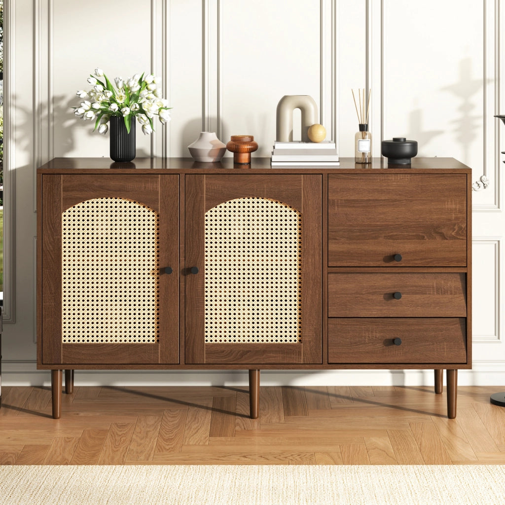 Credenza e Madia con 2 Ante in Rattan; Ripiani Regolabili; Stile Country; in Pannelli di Particelle; Legno; 130×40×75;5 cm