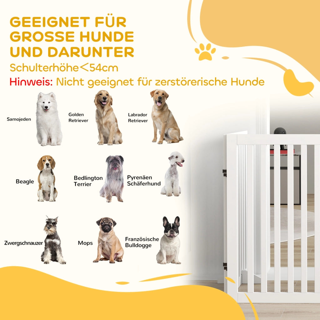 Barriera estensibile a forbice pieghevole a 4 pannelli con porta e piedini di supporto per cani in MDF bianco