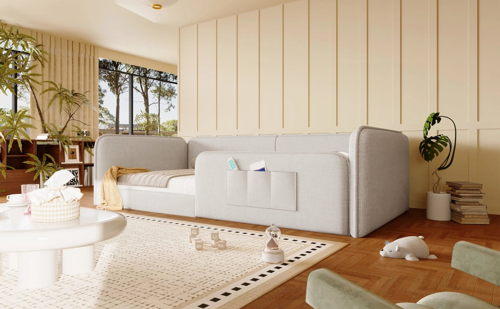 DESMIU Letto singolo 90 × 200 cm con tasche laterali, in lino, beige, senza materasso
