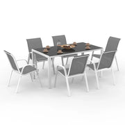 IDMarket - Set di mobili da giardino MADRID tavolo 150 CM e 6 sedie impilabili bianco e grigio