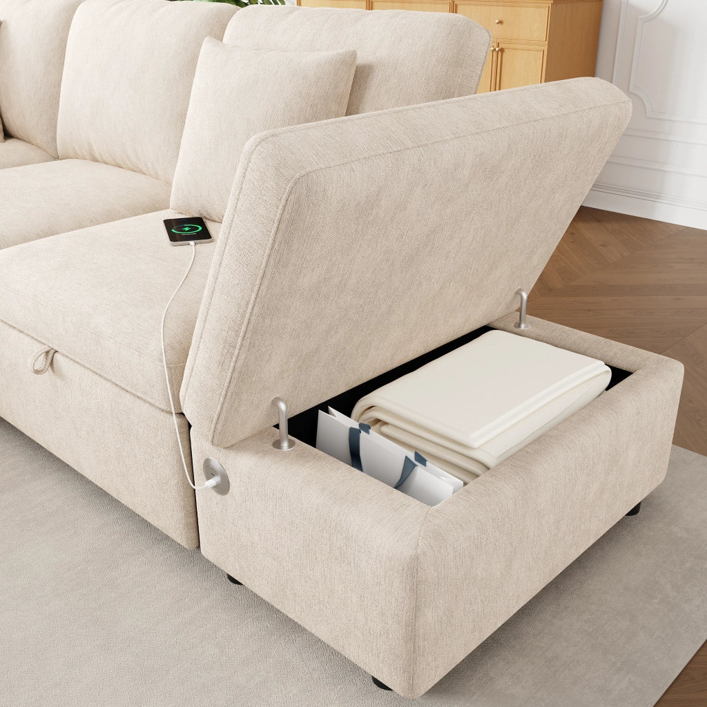 DIVANO ANGOLARE LETTO ESTRAIBILE 247,5x172x87 cm Chenille Beige con 2 pouf e 3 cuscini