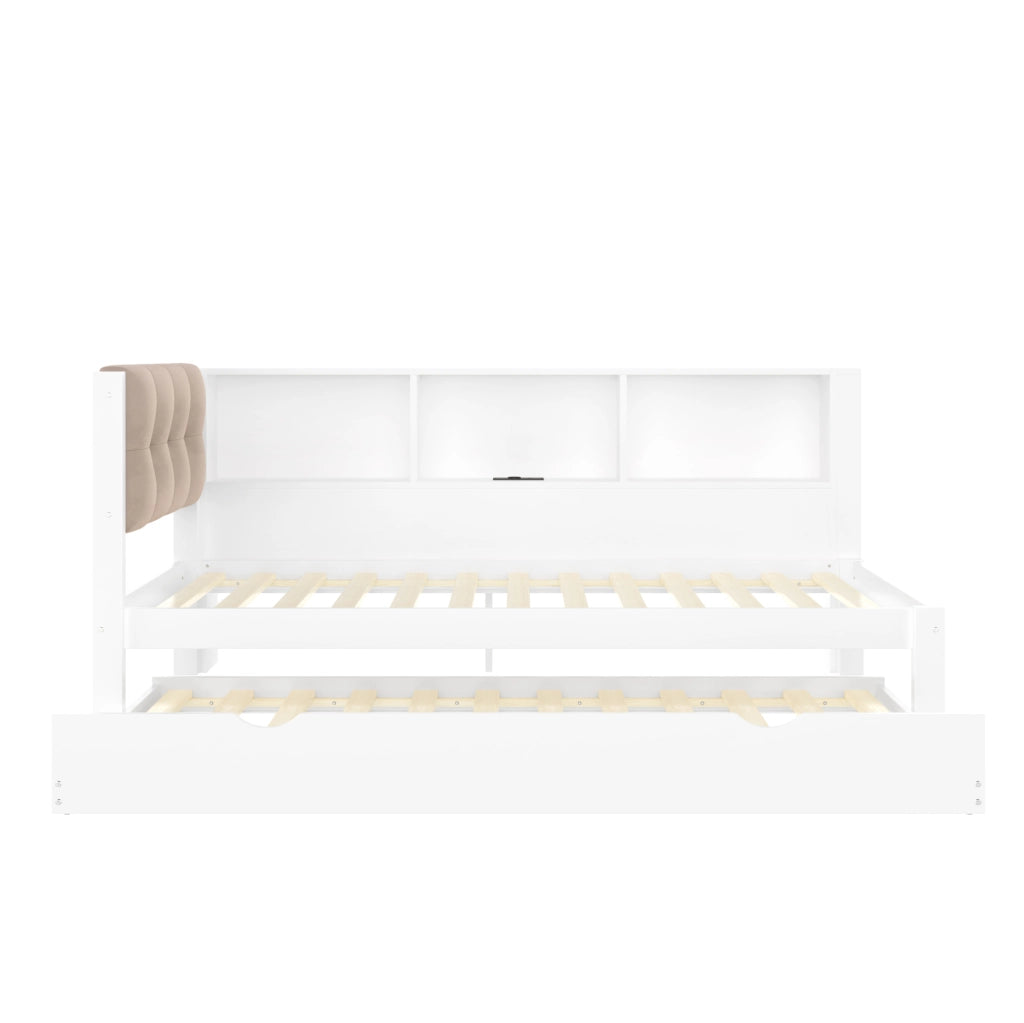 Letto 90x200 cm con letto estraibile; LED e USB in legno bianco