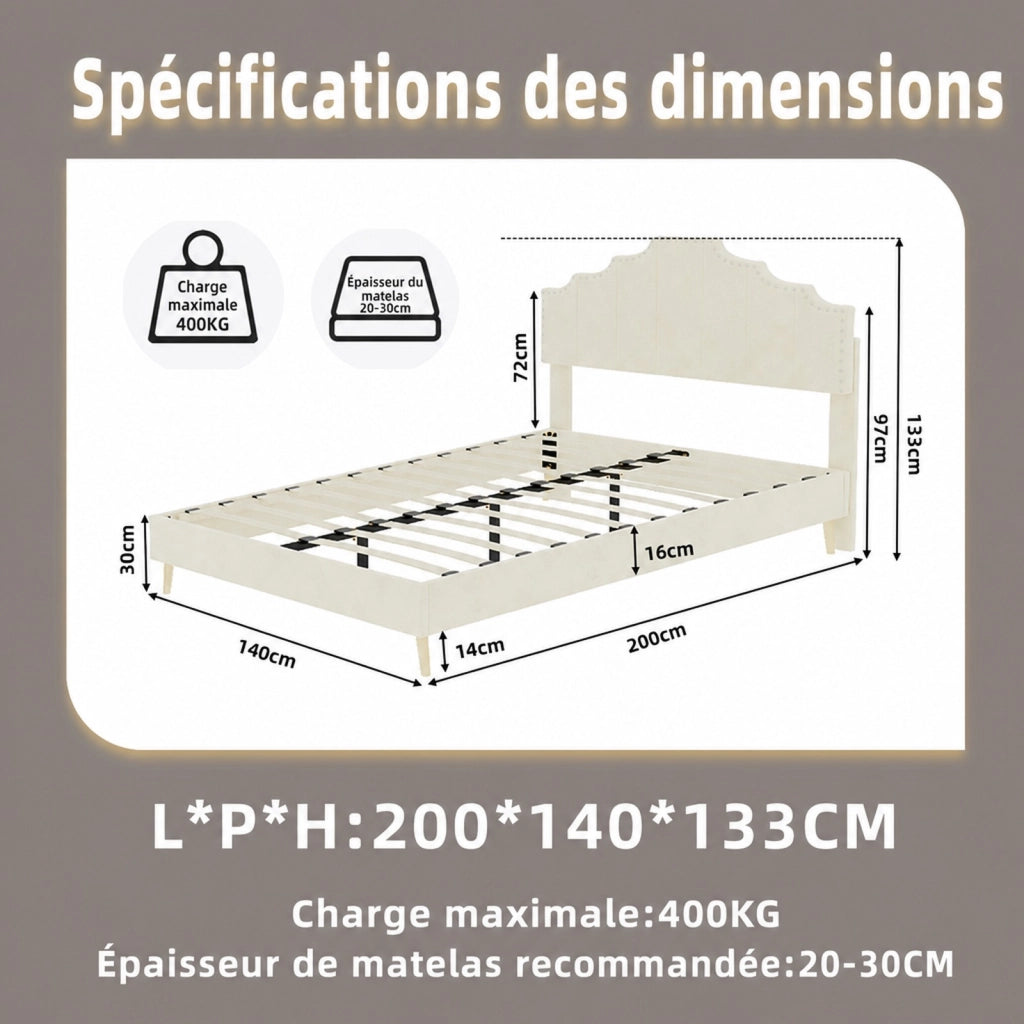 DESMIU Letto matrimoniale 140 × 200 cm 2 posti con testiera geometrica, senza materasso, in tessuto beige
