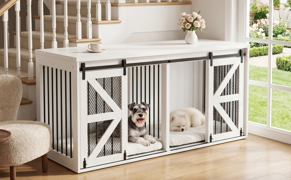 Cuccia per cani con divisorio centrale fisso e porte scorrevoli in MDF e metallo bianco 160 × 60 × 75 cm