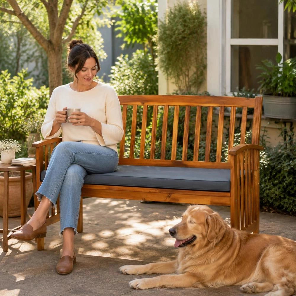 Garden Bench With Cushions, 119 Cm, Solid Acacia Wood