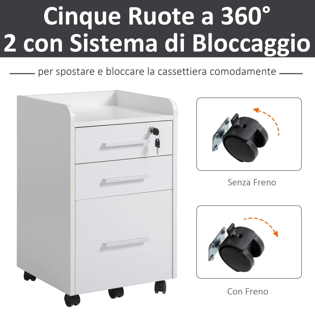 Cassettiera Portadocumento da Ufficio Bianca in Legno 3 Cassetti, Chiavi