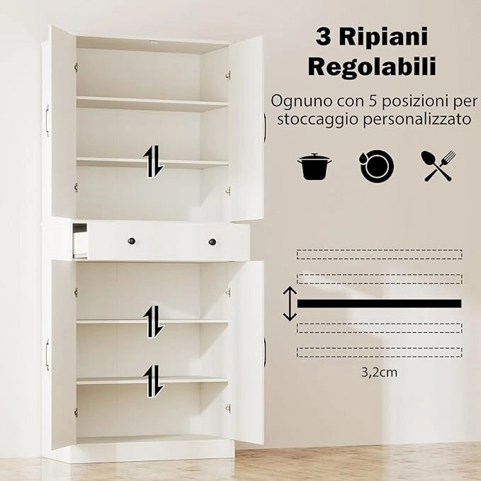 Credenza Alta da Cucina, Mobile Dispensa in Legno con 3 Ripiani Regolabili, 1 Cassette e 4 Ante, Armadio Moderno per Cucina, Soggiorno, Sala da Pranzo, 77 x 39 x 183 cm, Portata 140 kg