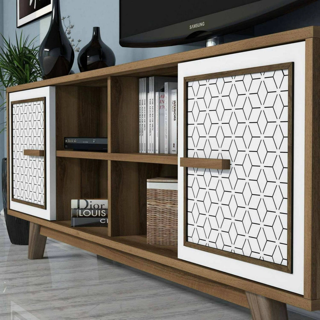 Mobile porta TV Guendalina, Credenza da soggiorno, Armadio basso per TV, Base parete attrezzata, 160x35h56 cm, Noce e Bianco