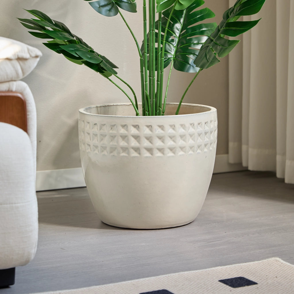 Set di vasi in ceramica a 3 pezzi in bianco crema lucido con rilievo a nido d'ape per interno e balcone