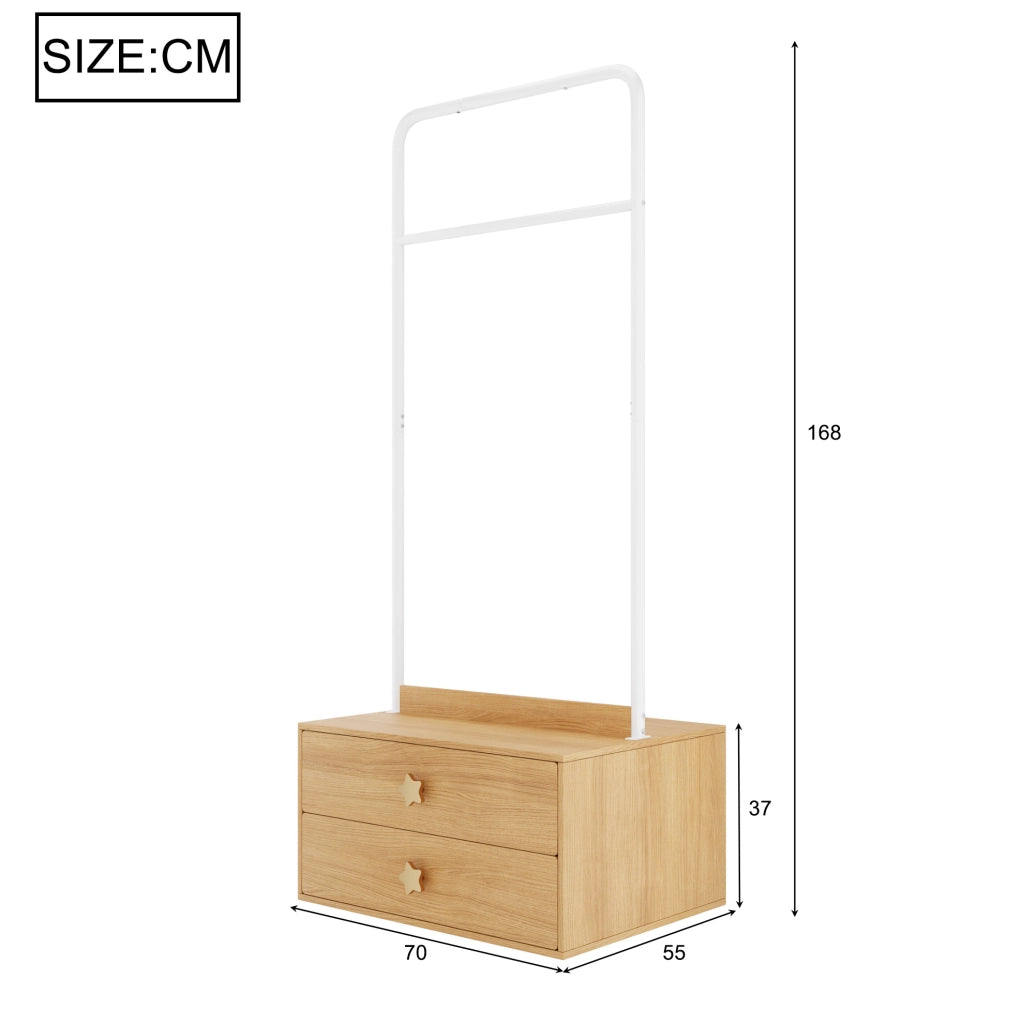 Appendiabiti per bambini con asta e 2 cassetti 70 x 55 x 168 cm in MDF; effetto legno naturale