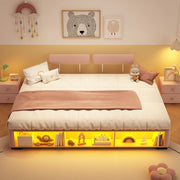 Letto imbottito 140x200 cm con vani laterali e LED in velluto rosa