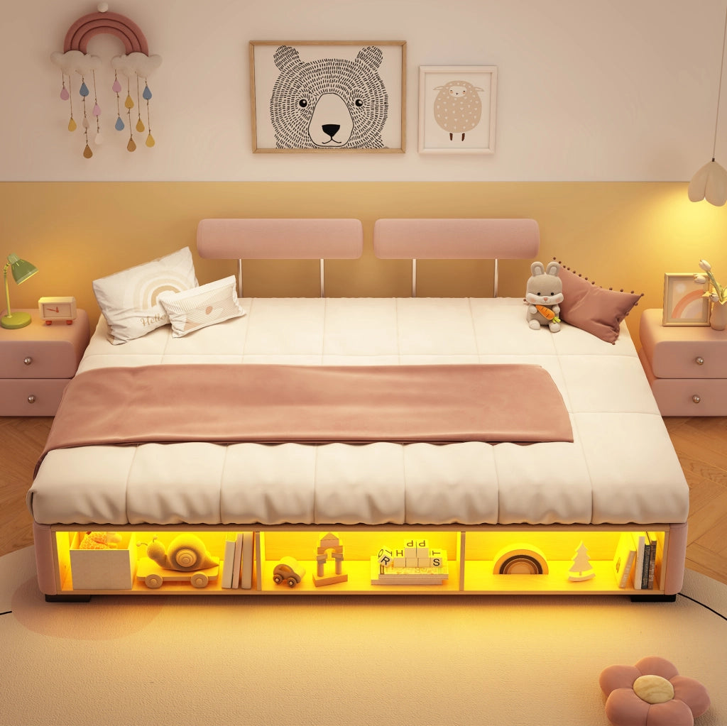 Letto imbottito 140x200 cm con vani laterali e LED in velluto rosa