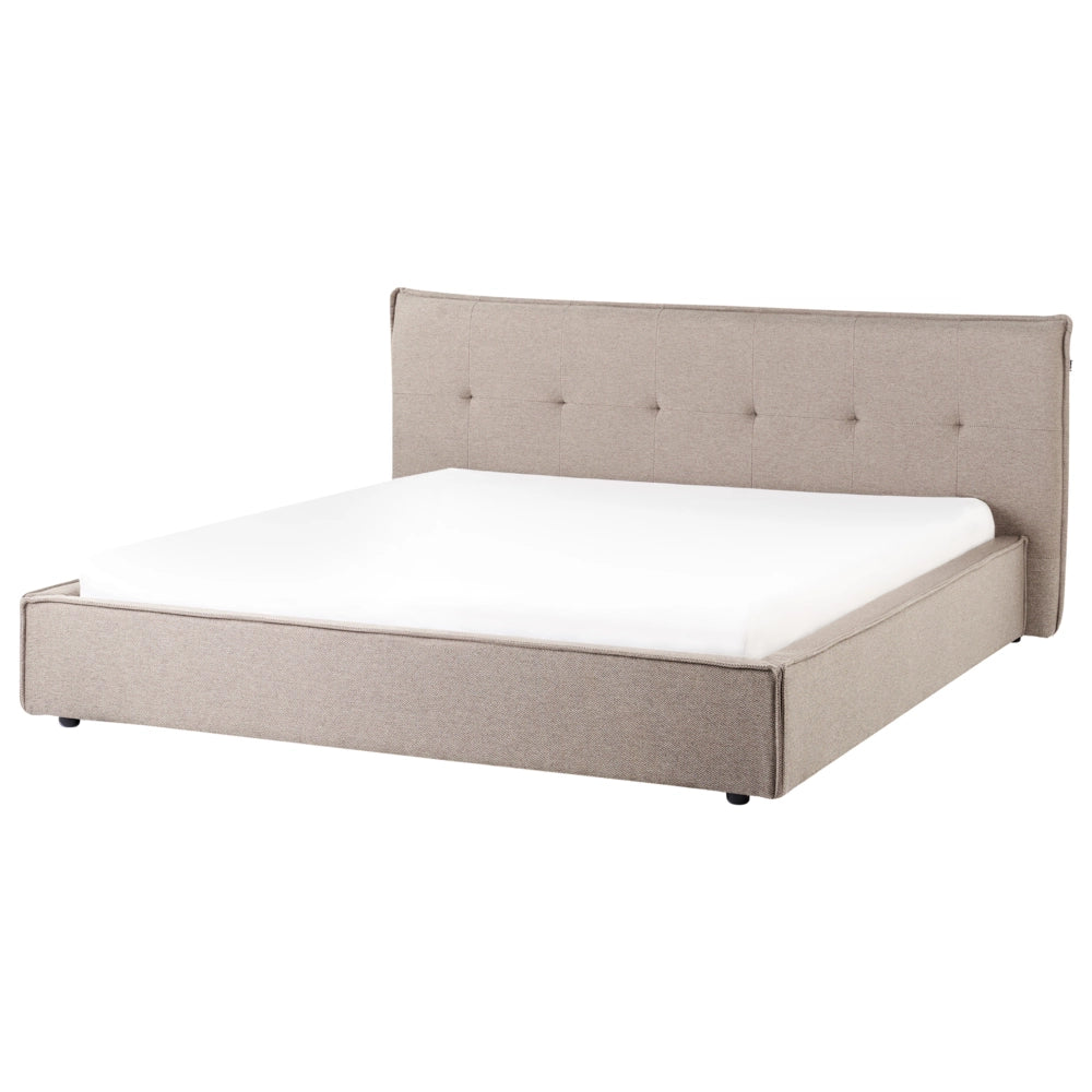 Letto 180 x 200 cm rivestimento in tessuto di lino tortora e gambe nere, con testiera e struttura a doghe per la camera da letto.