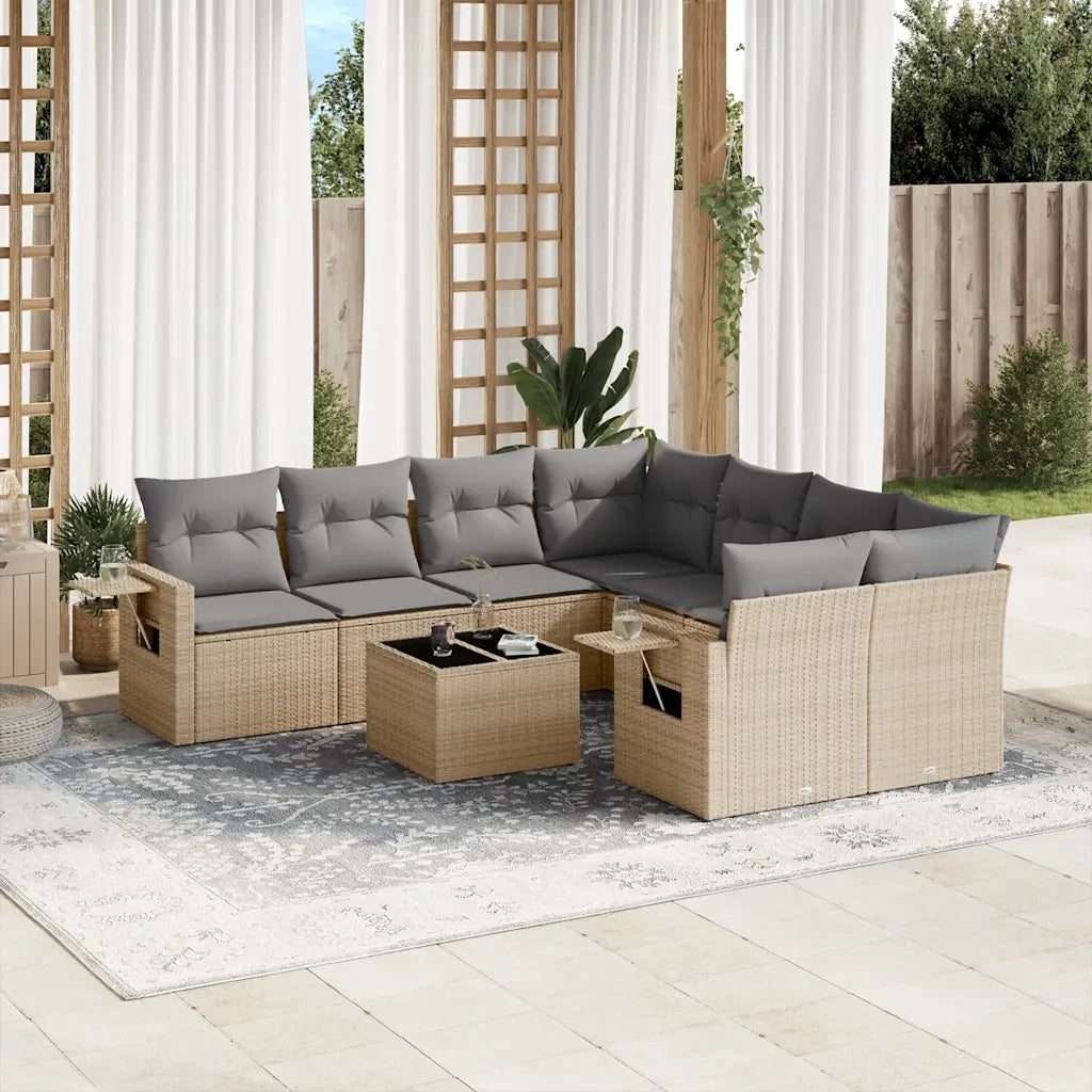 Set Divano da Giardino 9 pz con Cuscini Beige in Polyrattan