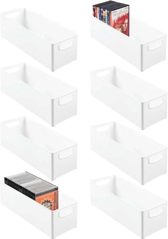 Set di 8 scatole per archiviazione di DVD con maniglia, sistema di archiviazione con maniglia per DVD, CD e videogiochi, scatola di archiviazione in plastica, bianca