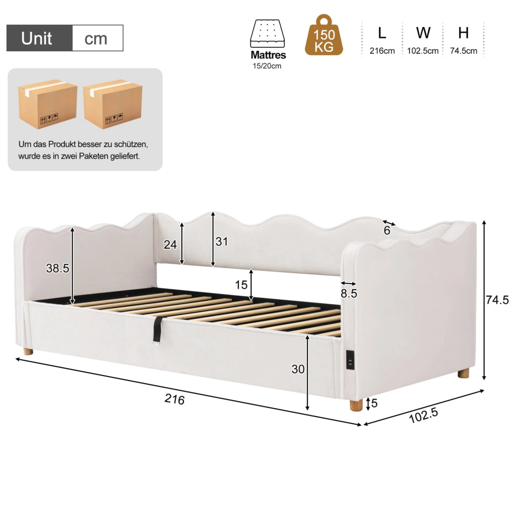 Letto contenitore 90x200 cm con USB C e presa; velluto beige