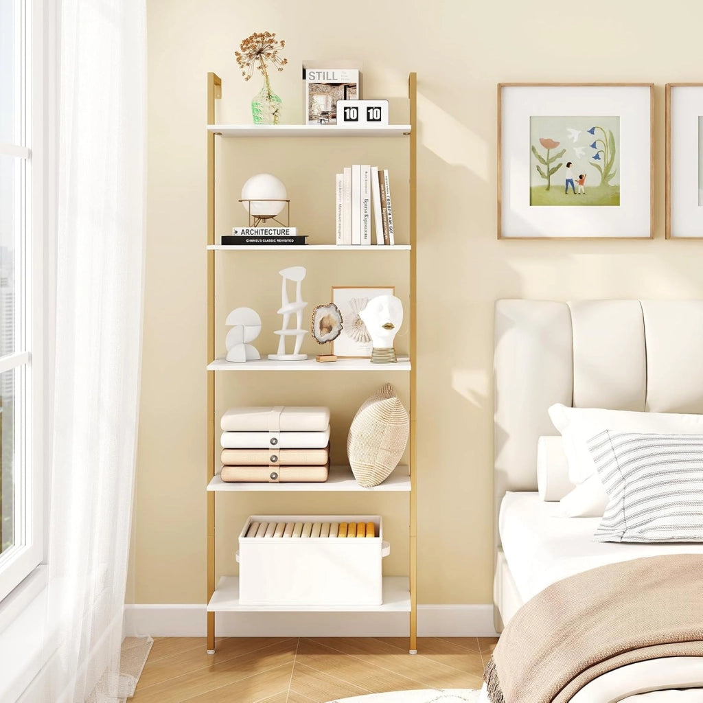 Scaffale a Scala a 5 Ripiani, Libreria da Parete Salvaspazio in Legno Moderno, Scaffale Portaoggetti per Soggiorno, Studio e Camera da Letto, 64 × 30 × 178 cm, Bianco
