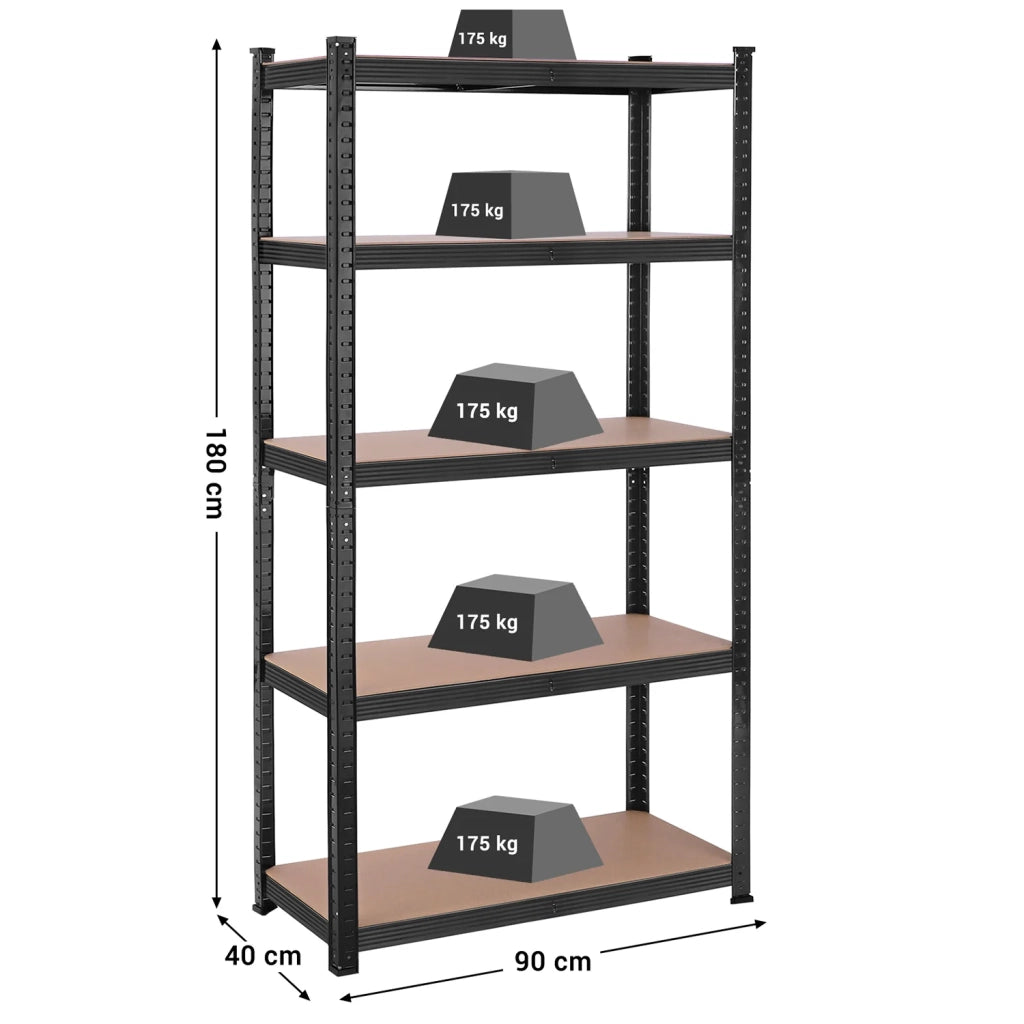 Scaffalatura metallica per carichi pesanti 180 x 90 x 40 cm 5 ripiani portata totale 875 kg (175 kg/ripiano) ripiani regolabili per garage/cantina nero 12_0...