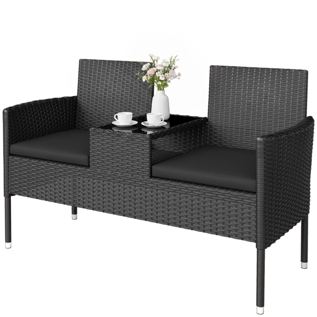 Divanetto 2 Posti per Esterni con Tavolino ¨C zephmum ¨C Acciaio e Rattan, Nero, 137x59x82 cm
