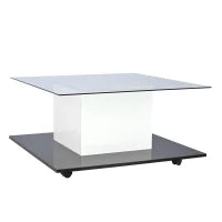 Tavolino da salotto moderno in vetro lucido con striscia LED regolabile e ruote girevoli, 80×80×40 cm, Bianco+Nero