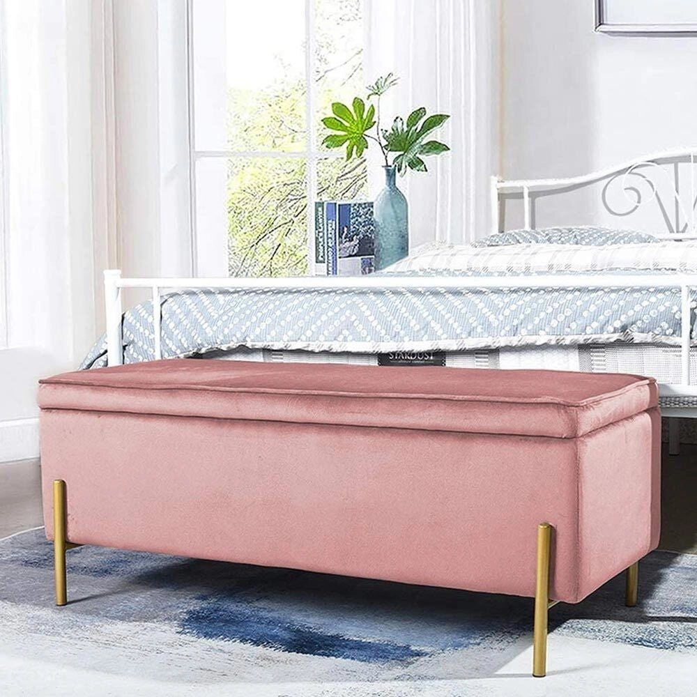 Cassapanca Pouf Contenitore Panca Sgabello Poggiapiedi in Tessuto Velluto Rosa