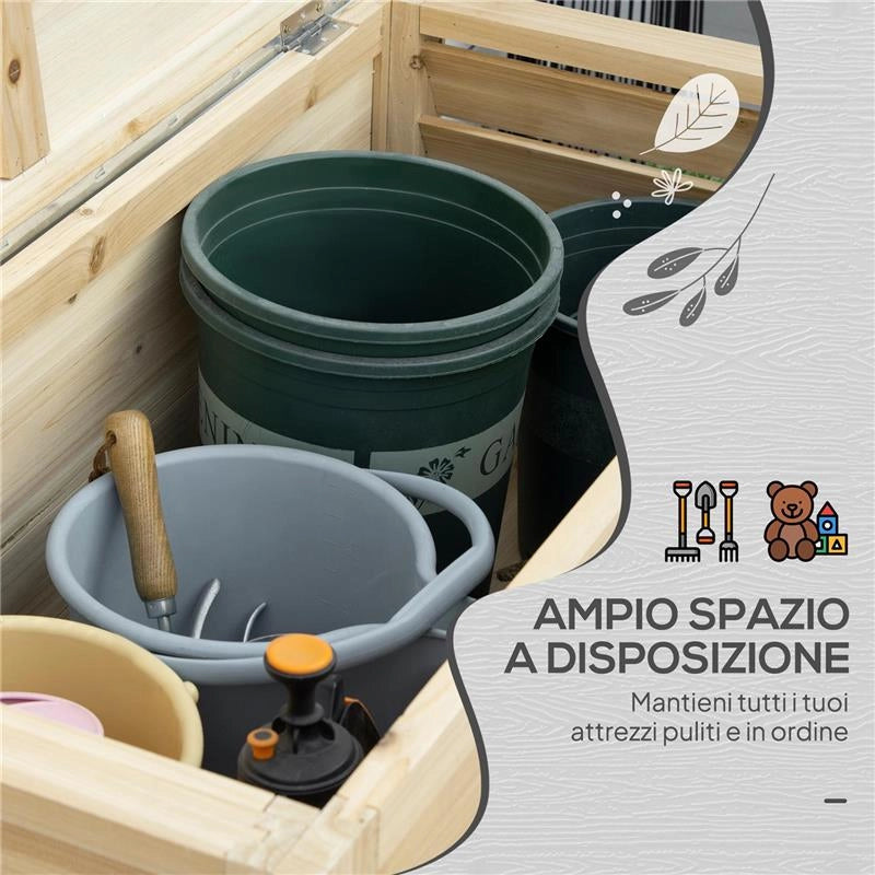 BAULE DA ESTERNO DA 155L IN LEGNO CON COPERCHIO IN METALLO E 2 AMMORTIZZATORI, 110X50X50 CM, COLOR LEGNO