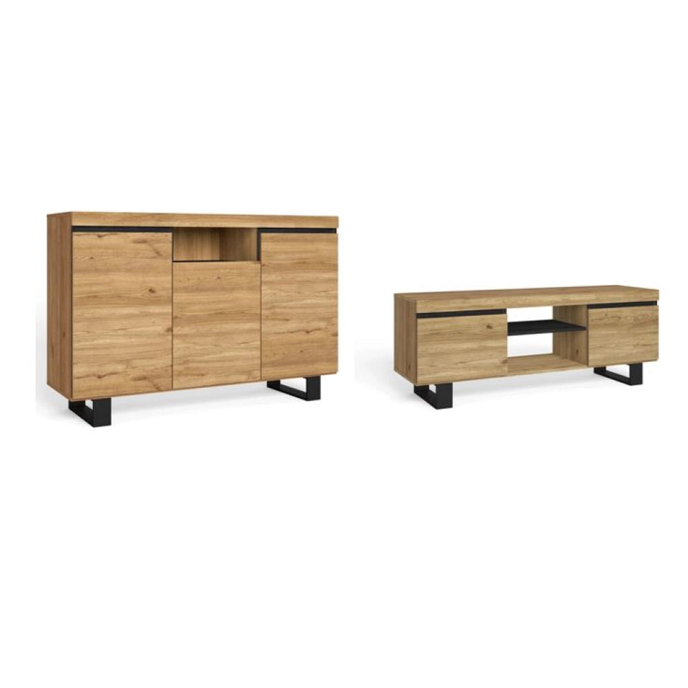 Set Naturale Sala da Pranzo, Mobile Ausiliario, Credenza-Mobile TV 140cm colore Rovere Nordic Nero RF989