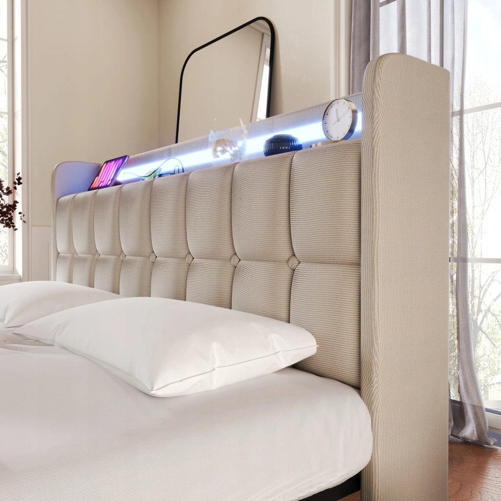 Letto imbottito 90x200 - Xylo - LED, USB, 2 cassetti, beige