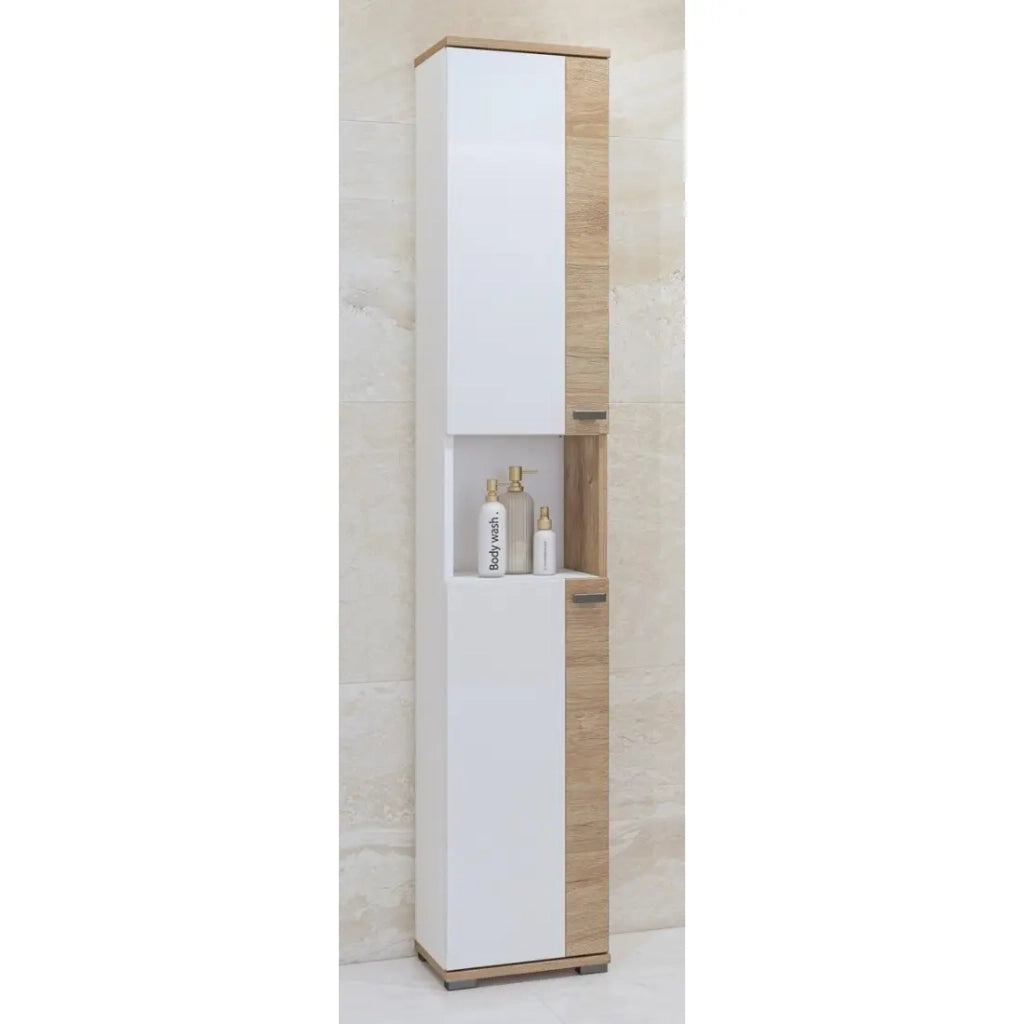 Colonna da bagno collezione BALEA - 2 porte e 1 nicchia, colore bianco e rovere