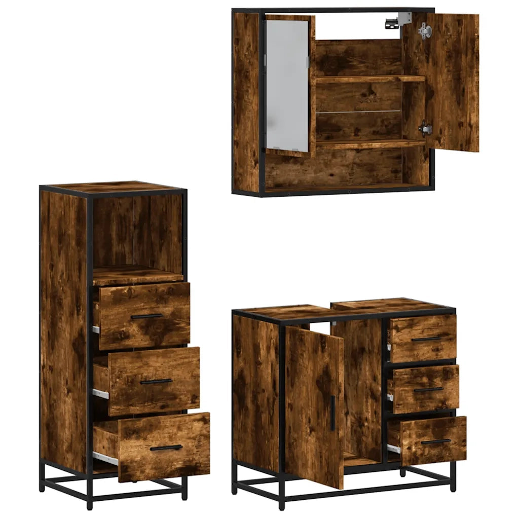 Set Mobili da Bagno 3 pz Rovere Fumo in Legno Multistrato