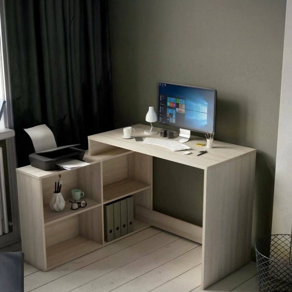 Scrivania Kyarr, Scrittoio multiuso, Tavolo per ufficio porta PC, Piano di lavoro, 112x101 h77 cm, Rovere e Bianco