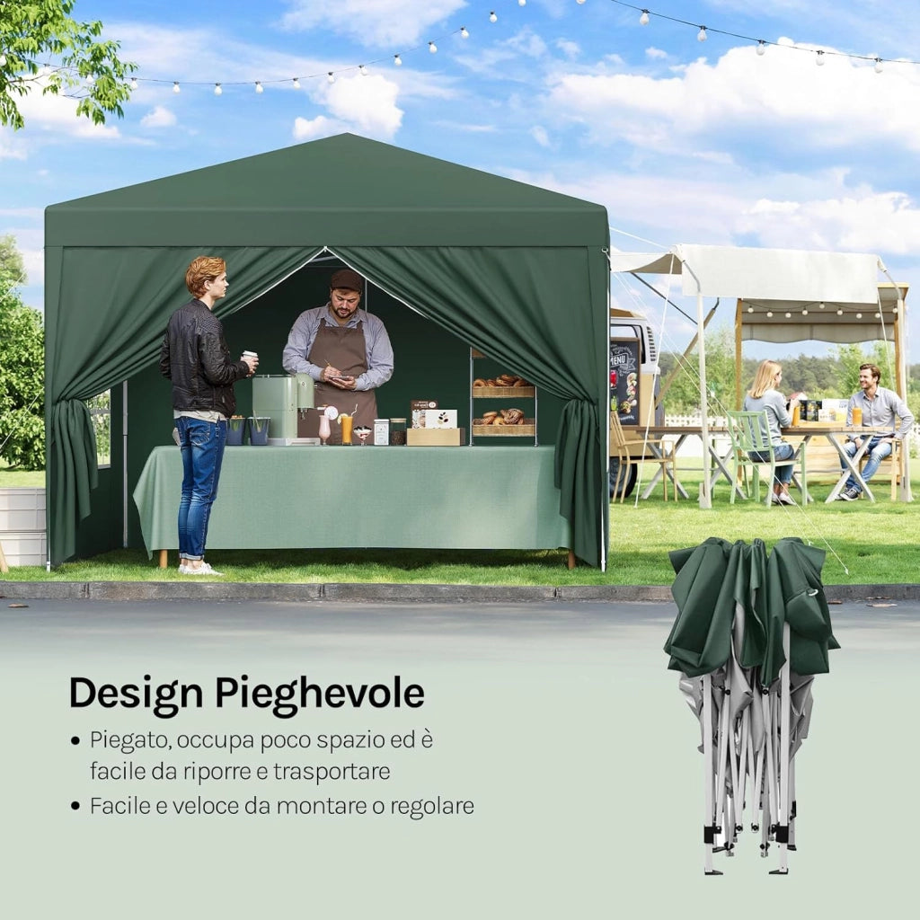 Gazebo da Giardino Richiudibile 3x3m Gazebo da Esterno Ferro Regolabile in Altezza Tendone Pieghevole con Telo Idrorepellente, Protezione Solare, Facile Montare Verde
