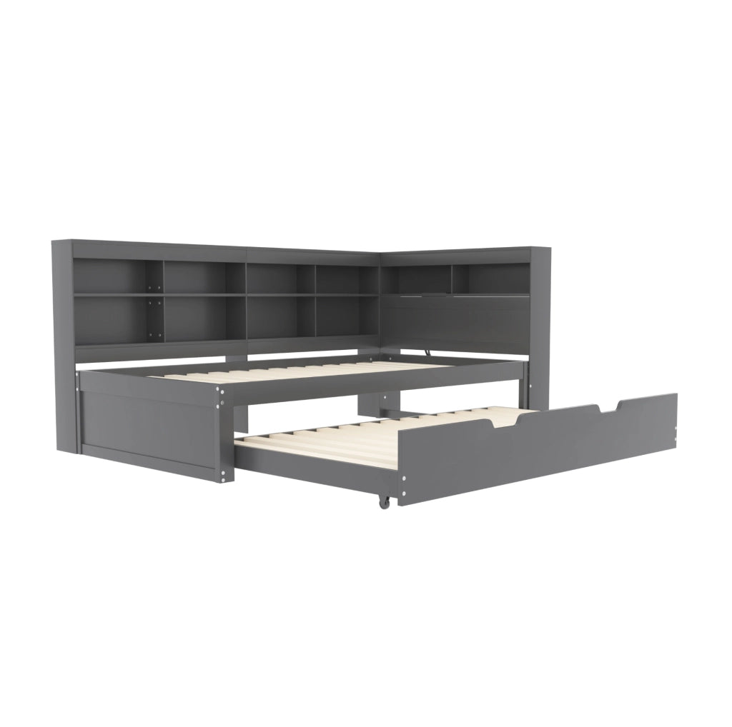 Letto singolo estraibile 90x200 cm con secondo letto 90x190 cm; USB e vani; grigio