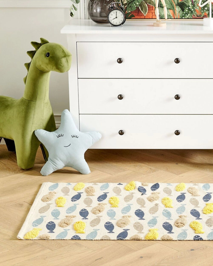Tappeto per bambini in cotone con motivo pesci  80 x 150 cm tessuto a mano multicolore cameretta camera dei bambini