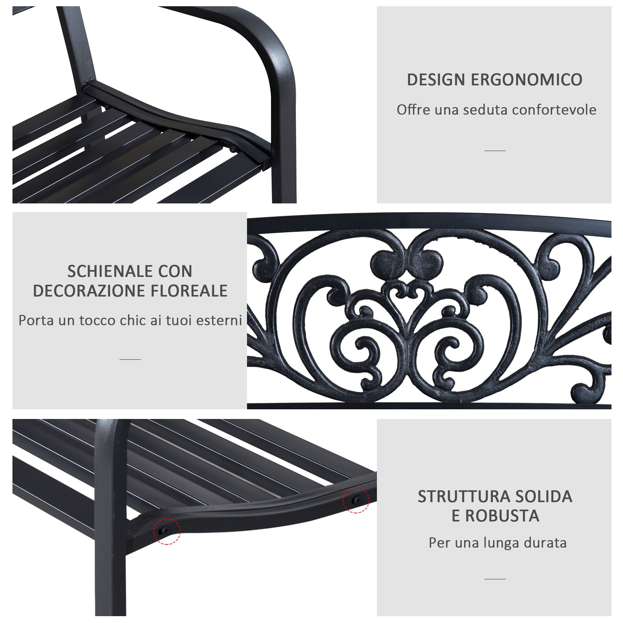 Panchina da Giardino 2 Posti 127x60x87 cm in Metallo Nero