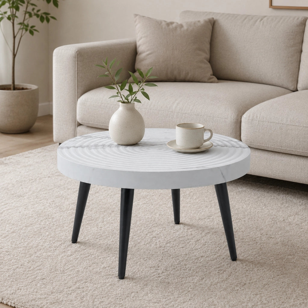 Tavolino da salotto rotondo con piano 5 cm in MDF effetto marmo; gambe in metallo regolabili; bianco; 73.99 × 73.61 × 22.5 cm