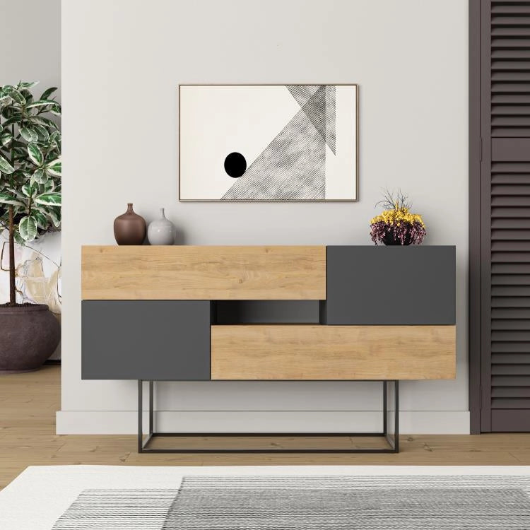 Consolle Moderna 145x40x82 cm con 2 Ante 2 Cassetti e Gambe Alte Quercia e Antracite